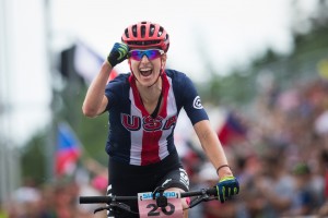 Lea Davison after winning silver at the 2016 UCI World Mountain Bike Championships
