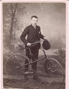 Young boy with early safety bicycle ca. 1889, Burlington, VT